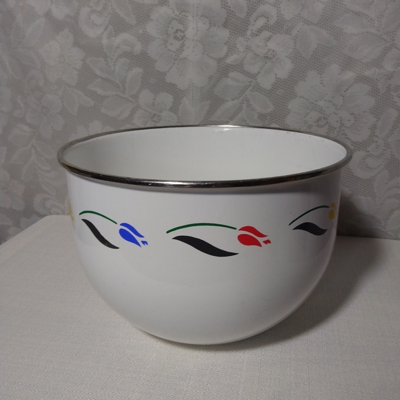 Vintage Kobe Enamelware - Enameled Steel Large Nesting Bowl White & Tulips - Picture 2 of 11